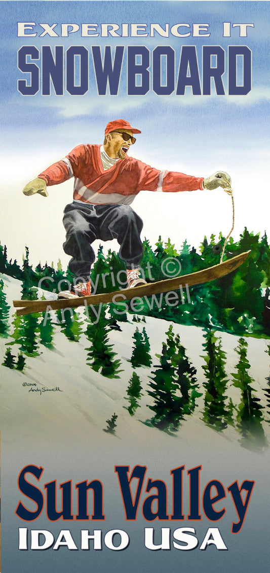 Vintage Look Ski Poster/Print "Snowboard Sun Valley" from Original watercolor