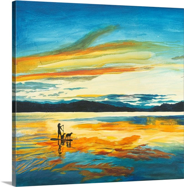 "Sunset Paddleboard" - An open edition Giclee reprod. from an Original Acrylic painting of paddle boarder on a Lake - by Andy Sewell