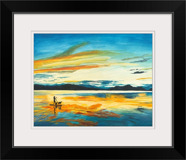 "Sunset Paddleboard" - An open edition Giclee reprod. from an Original Acrylic painting of paddle boarder on a Lake - by Andy Sewell