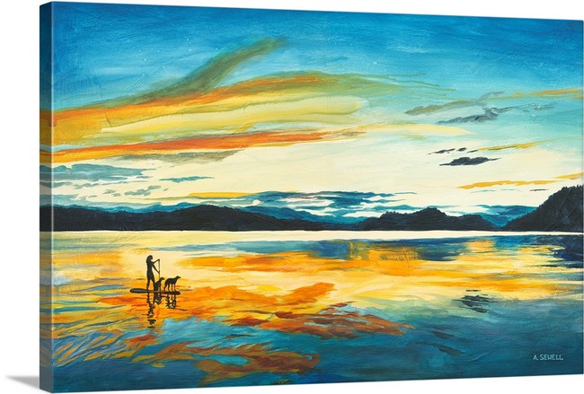 "Sunset Paddleboard" - An open edition Giclee reprod. from an Original Acrylic painting of paddle boarder on a Lake - by Andy Sewell