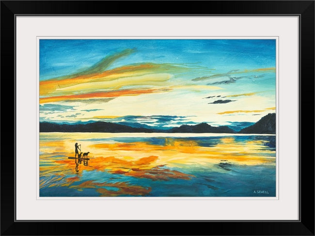 "Sunset Paddleboard" - An open edition Giclee reprod. from an Original Acrylic painting of paddle boarder on a Lake - by Andy Sewell
