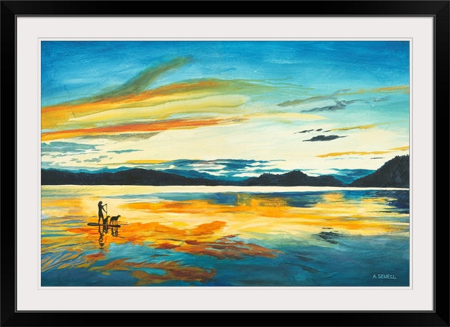 "Sunset Paddleboard" - An open edition Giclee reprod. from an Original Acrylic painting of paddle boarder on a Lake - by Andy Sewell