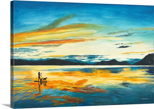 "Sunset Paddleboard" - An open edition Giclee reprod. from an Original Acrylic painting of paddle boarder on a Lake  - by Andy Sewell