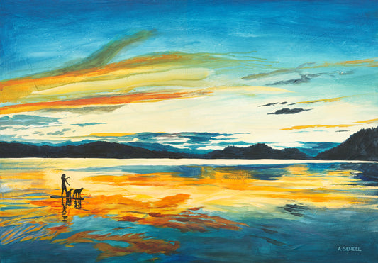 "Sunset Paddleboard" - An open edition Giclee reprod. from an Original Acrylic painting of paddle boarder on a Lake  - by Andy Sewell