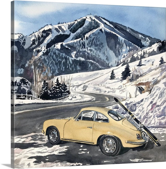 "Sun Valley Porsche" - a signed edition Giclee reprod. from a watercolor of an old Porsche at Sun Valley's Bald Mtn.  - by Andy Sewell