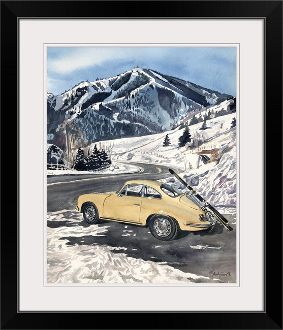 "Sun Valley Porsche" - a signed edition Giclee reprod. from a watercolor of an old Porsche at Sun Valley's Bald Mtn. - by Andy Sewell