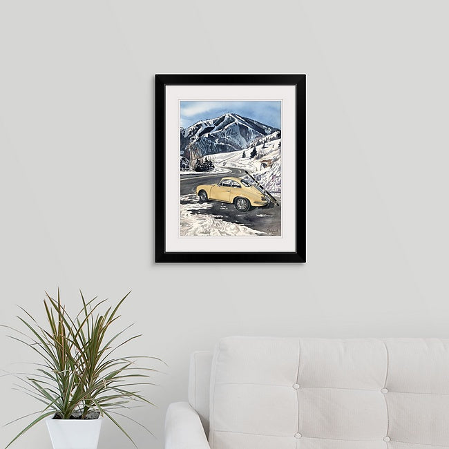 "Sun Valley Porsche" - a signed edition Giclee reprod. from a watercolor of an old Porsche at Sun Valley's Bald Mtn. - by Andy Sewell