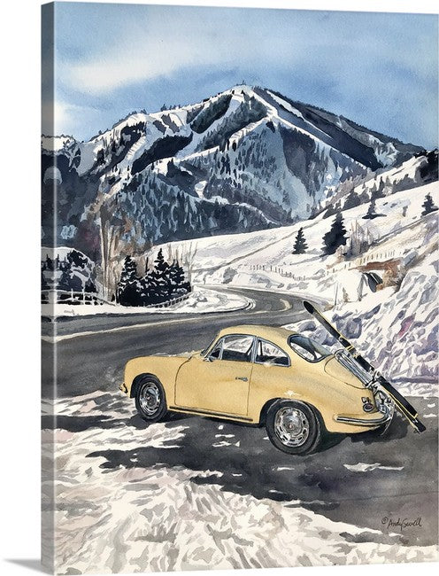 "Sun Valley Porsche" - a signed edition Giclee reprod. from a watercolor of an old Porsche at Sun Valley's Bald Mtn. - by Andy Sewell