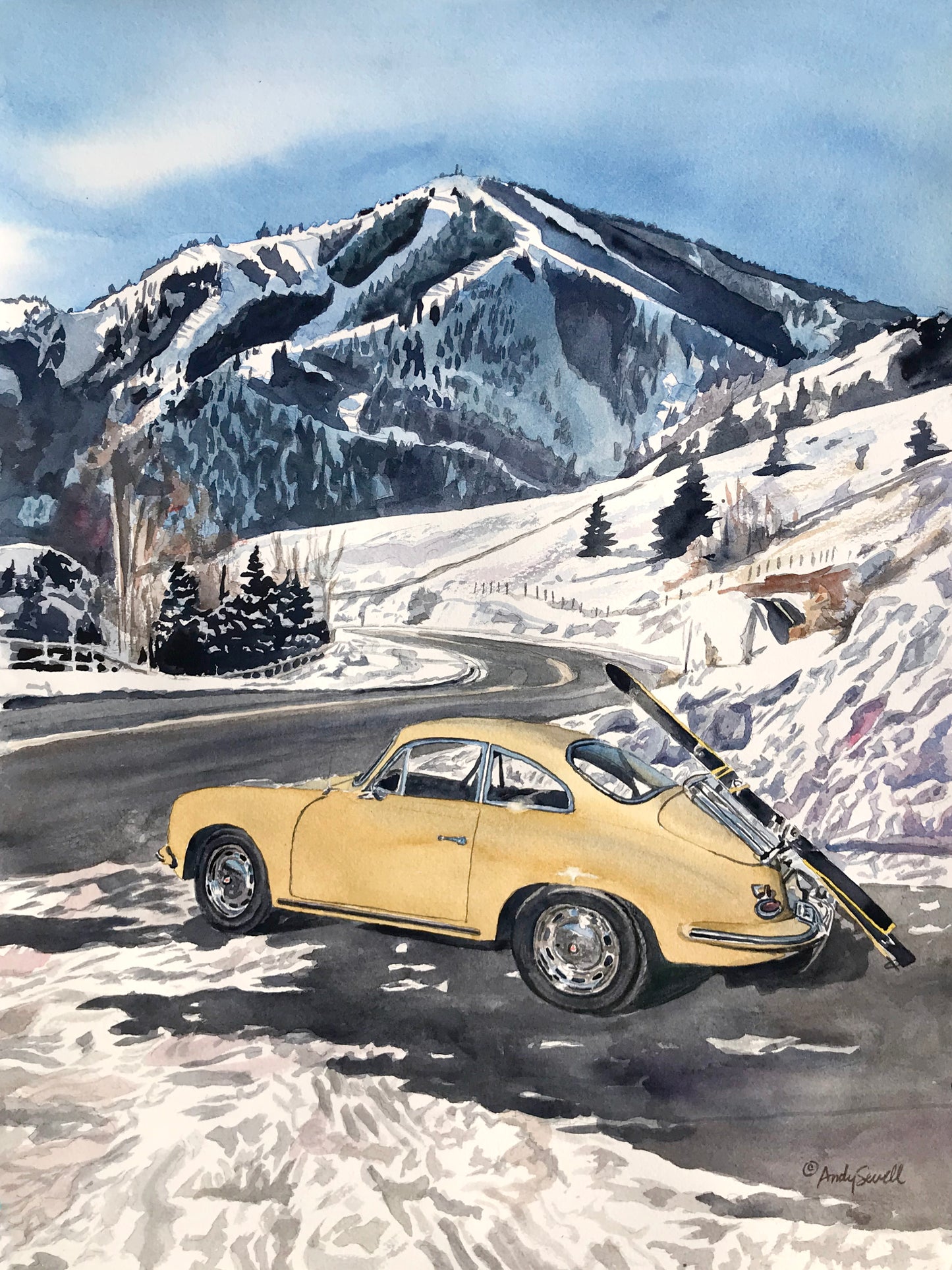 "Sun Valley Porsche" - a signed edition Giclee reprod. from a watercolor of an old Porsche at Sun Valley's Bald Mtn. - by Andy Sewell