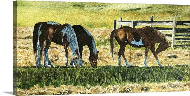 "Fresh Hay" - 7x15 Original watercolor or Giclée art print of horses having a bit of hay.