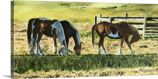 "Fresh Hay" - 7x15 Original watercolor or Giclée art print of horses having a bit of hay.
