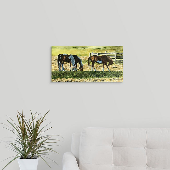 "Fresh Hay" - 7x15 Original watercolor or Giclée art print of horses having a bit of hay.