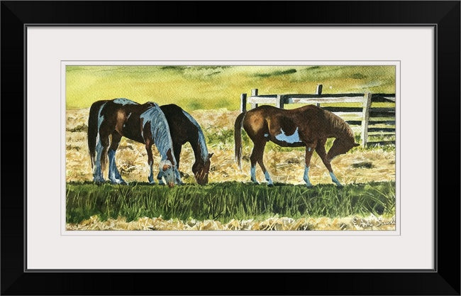 "Fresh Hay" - 7x15 Original watercolor or Giclée art print of horses having a bit of hay.