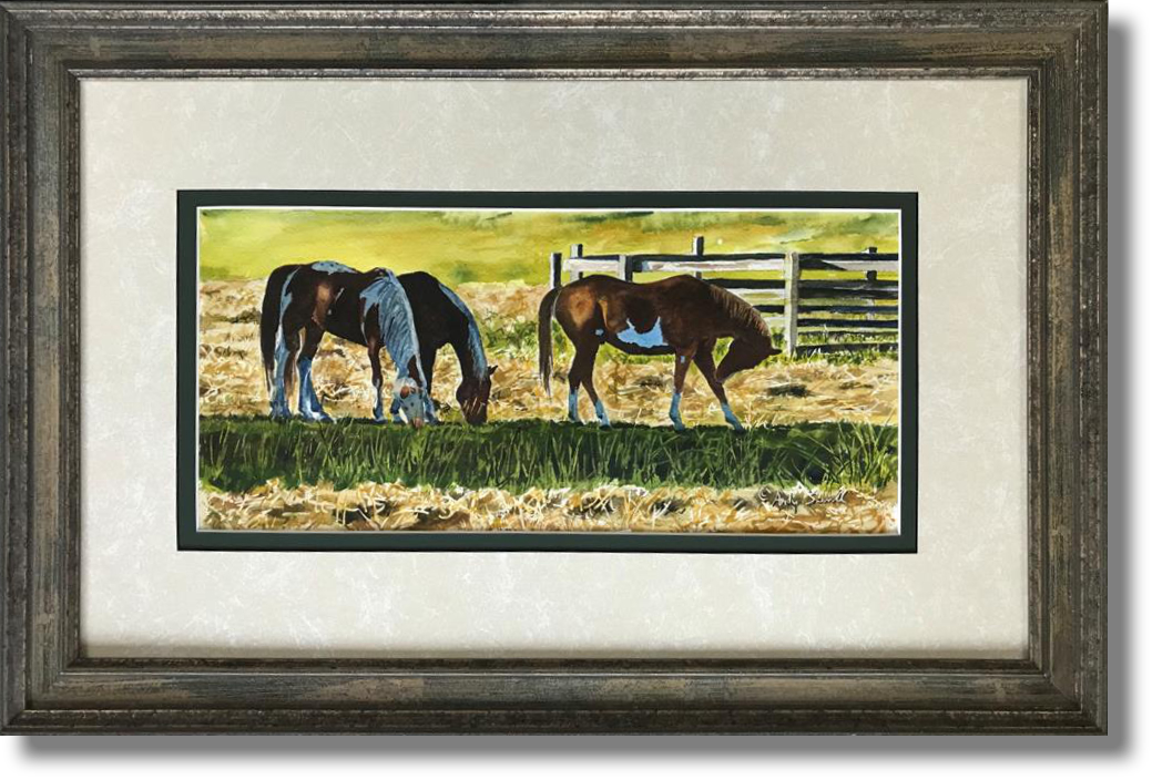 "Fresh Hay" - 7x15 Original watercolor or Giclée art print of horses having a bit of hay.