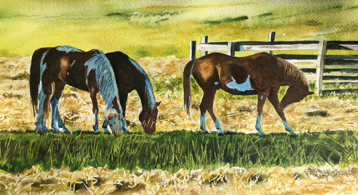 "Fresh Hay" - 7x15 Original watercolor or Giclée art print of horses having a bit of hay.