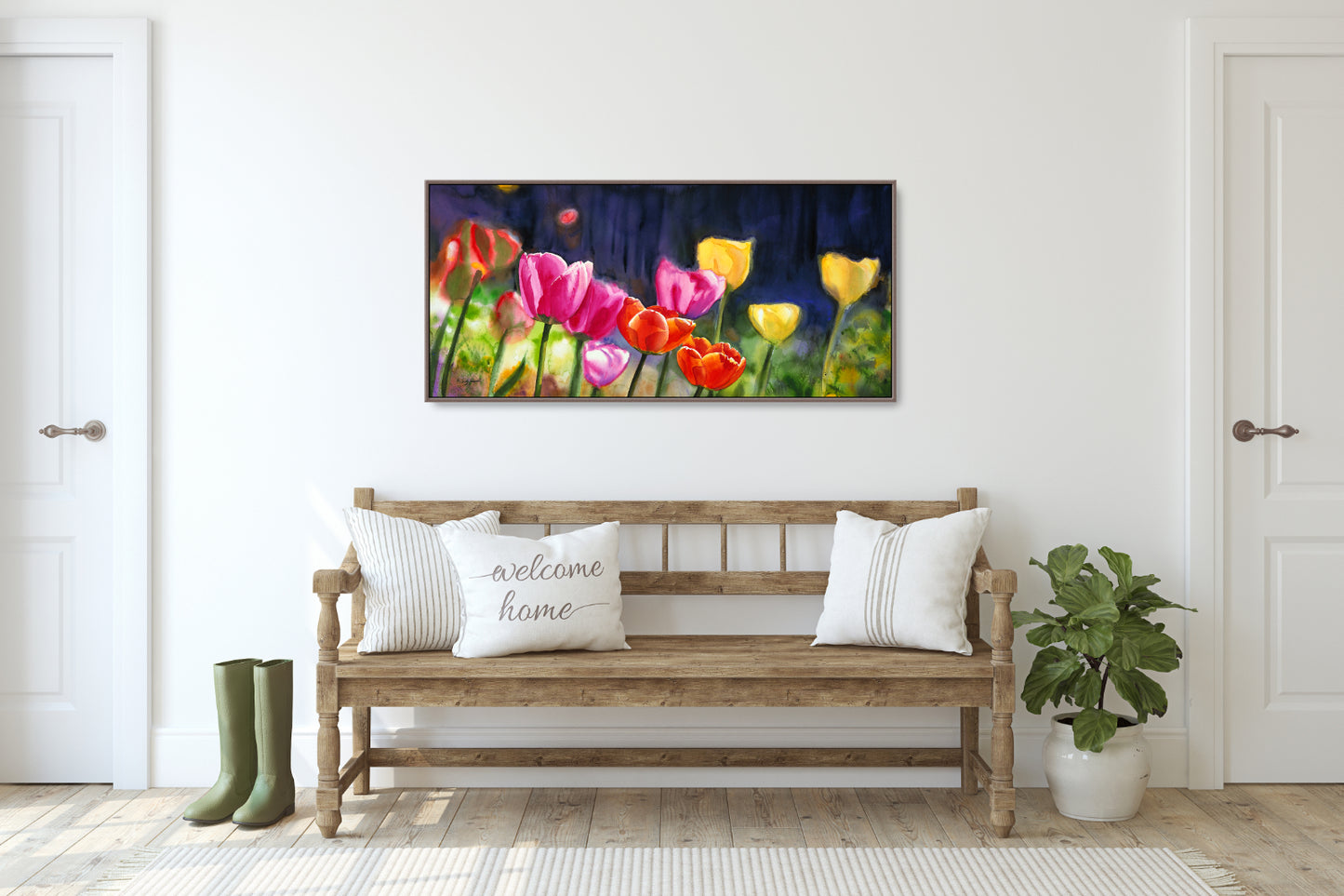"Sunny Day Tulips" 18"x40" - a limited edition s/n giclee art print from an original watercolor of tulips glowing in the sun40"