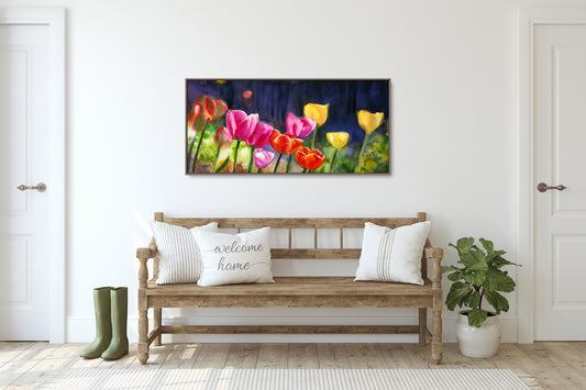 "Sunny Day Tulips" 18"x40" - a limited edition s/n giclee art print  from an original watercolor of tulips glowing in the sun40"