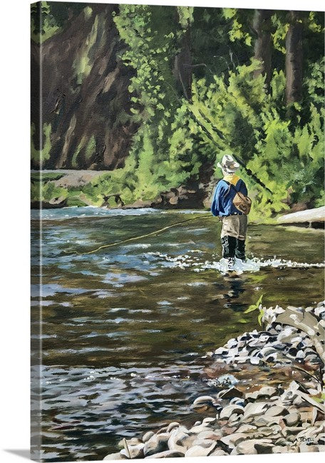 "Wading and Waiting" - 22"x32" an Original Oil Painting or Open Edition Print of a Fly-fisherman on and Idaho River.