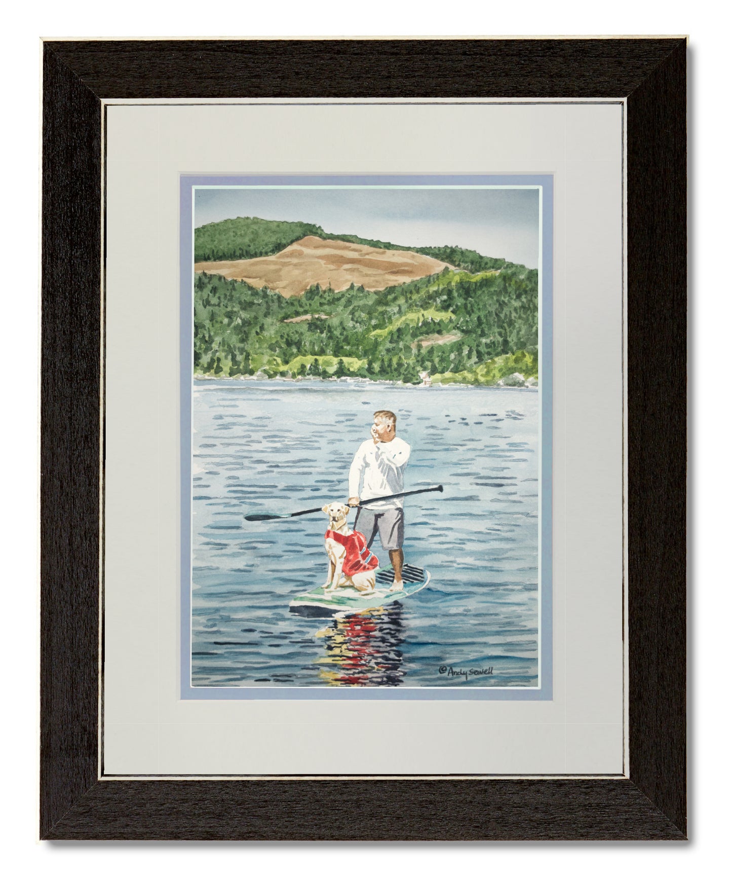 "Mark and Bailey" - A Giclee reprod. watercolor painting commission of paddle boarder with Dog on a Lake - Andy Sewell