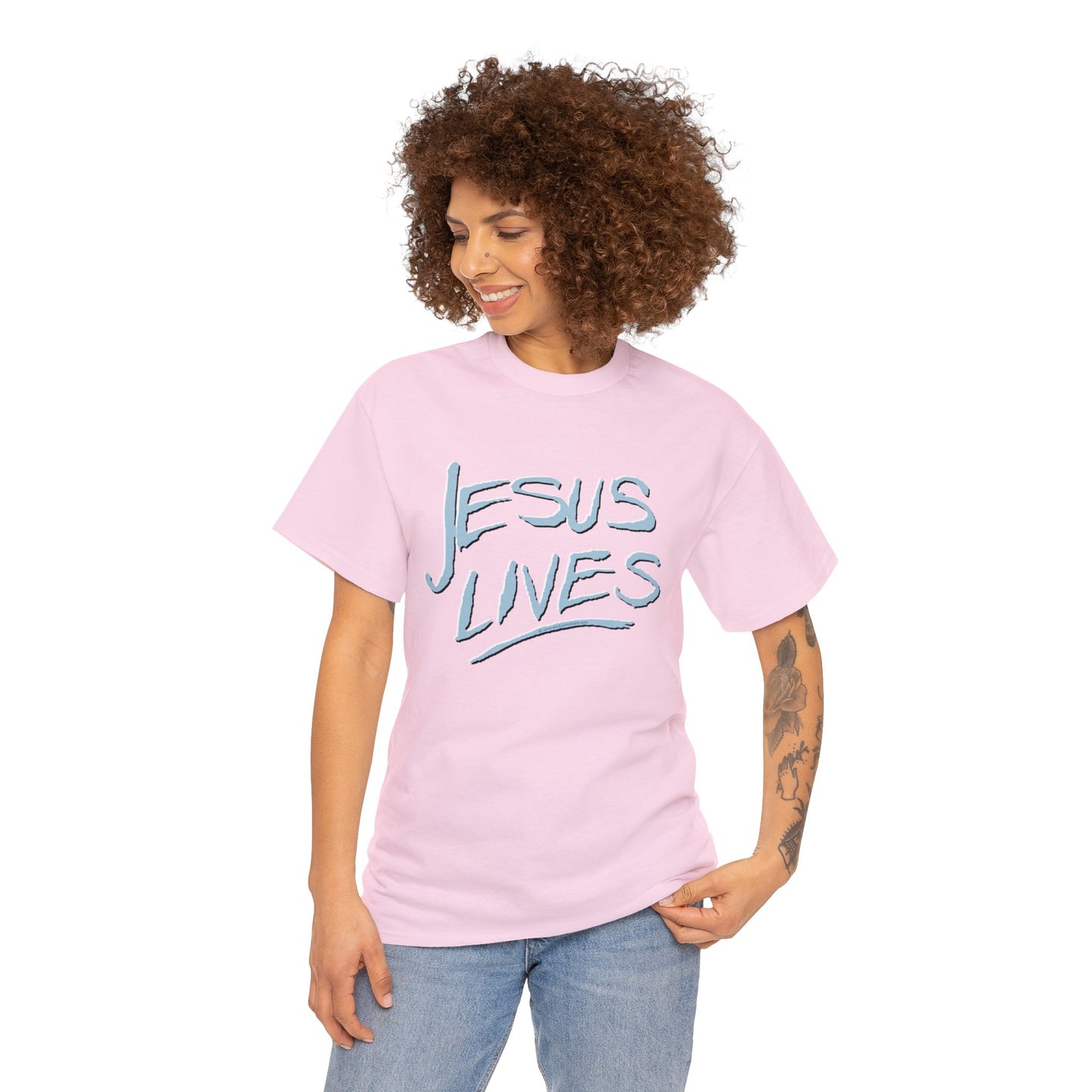 "Jesus Lives" T-shirt on front.