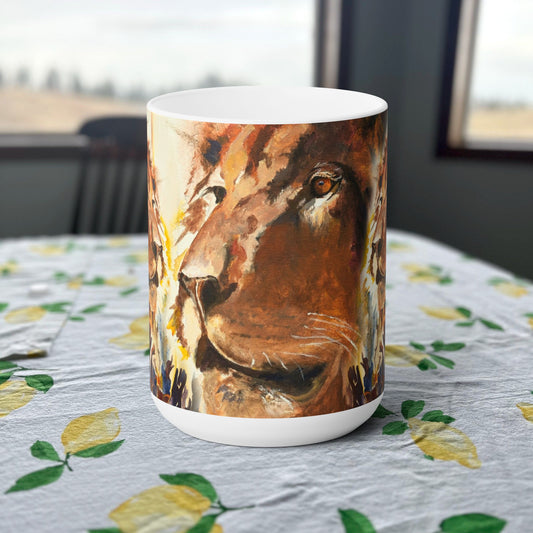 "Lion.. Gathering before the King" Andys painting on a stout 15 oz. mug, Fine Art Mug,