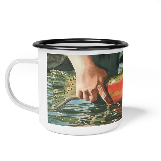 Enamel Steel 12 0z. Camp Cup - "Colors of the River" Steelhead Design