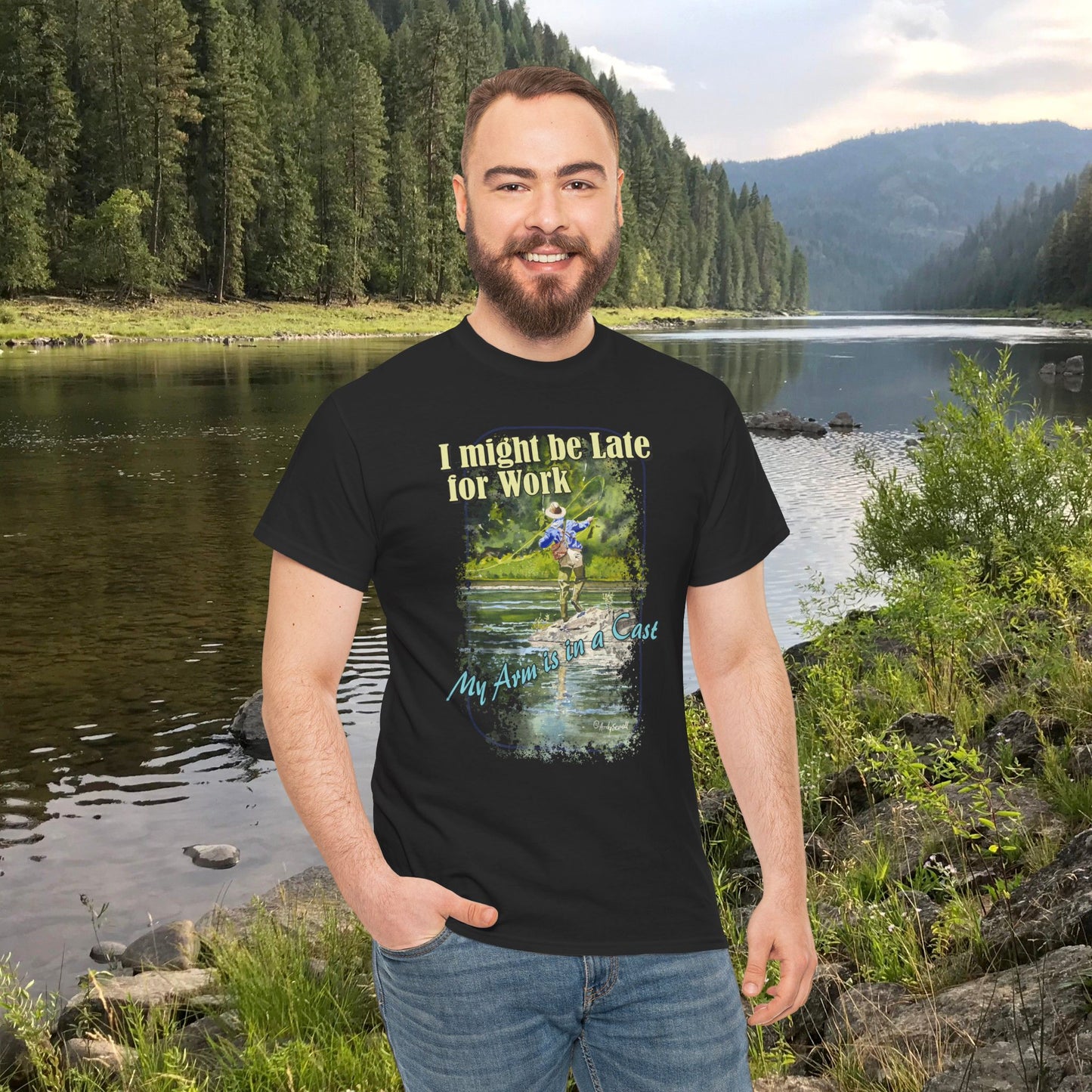 Fishing T-Shirt — ""River dance" Unisex Heavy Cotton Tee, Fly-fishing T-shirt, Watercolor Angler Tee