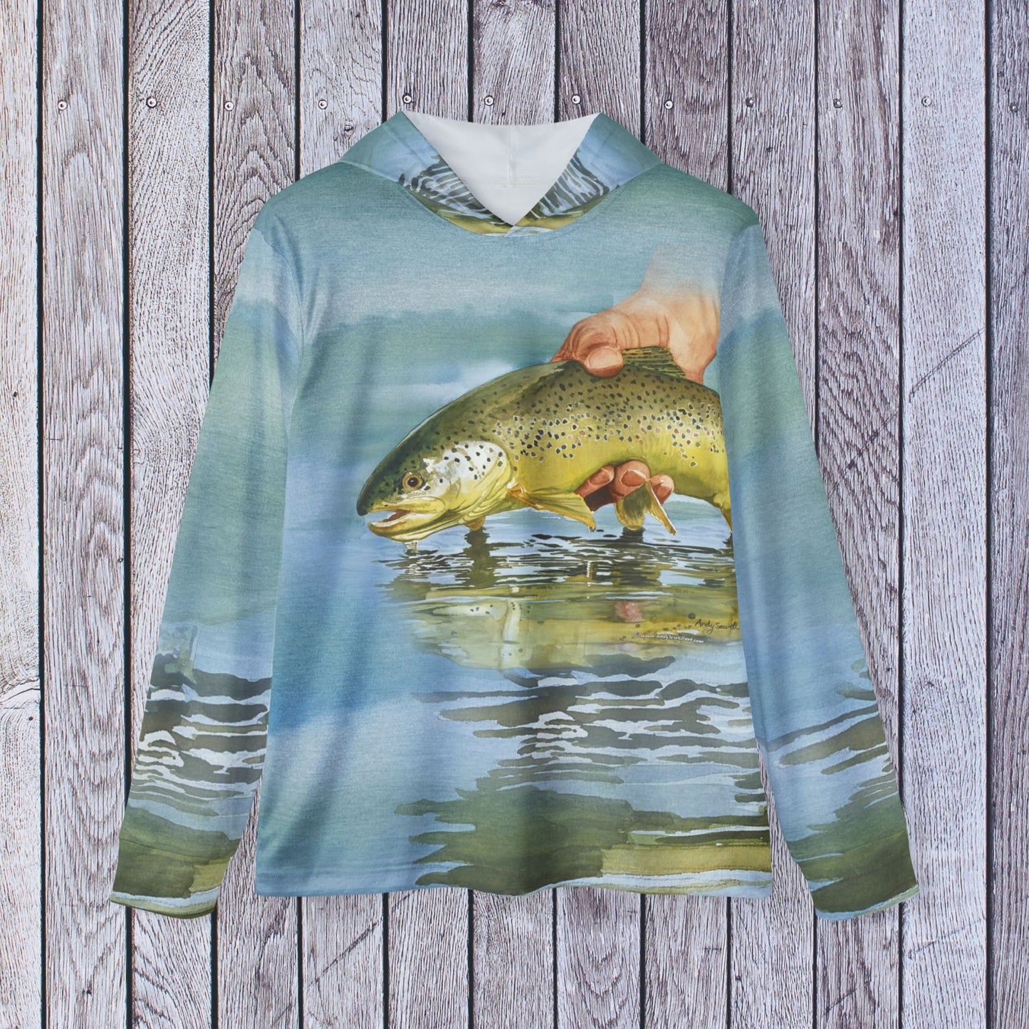 Sports Hoodie Andy's "Slippery When Wet" Brown Trout Watercolor painting