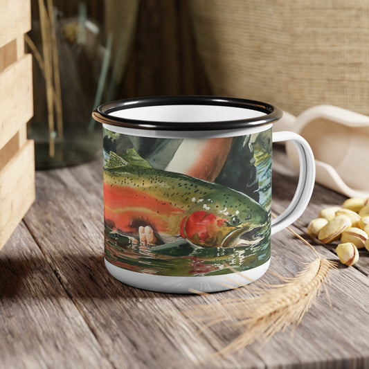 Enamel Steel 12 0z. Camp Cup - "Colors of the River" Steelhead Design