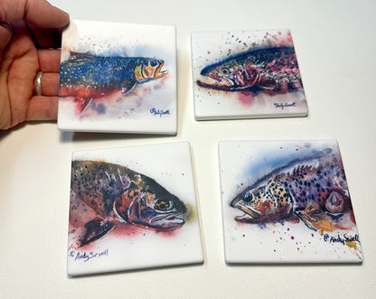 "Trout Fish Splashes" themed coaster set.