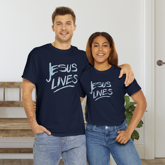 "Jesus Lives" T-shirt on front.