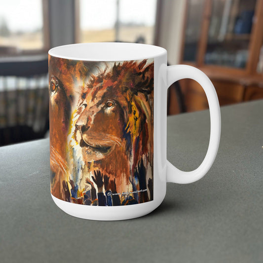 "Lion.. Gathering before the King" Andys painting on a stout 15 oz. mug, Fine Art Mug,