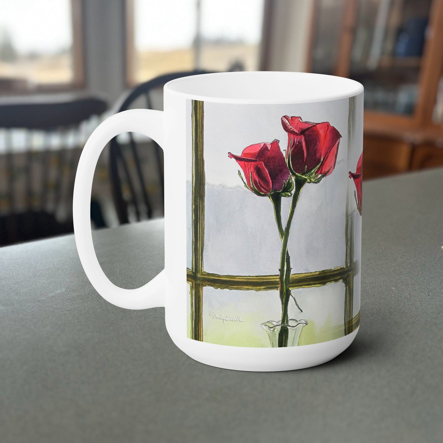 Fine Art Mug "Intimate Pair" (Entwined Roses from watercolor), 15 oz. Coffee Mug