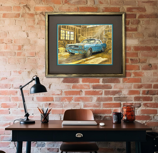 "Baby Blue Barn Find - '65 Ford Mustang" 11"x15" Original Watercolor or Giclee Print.