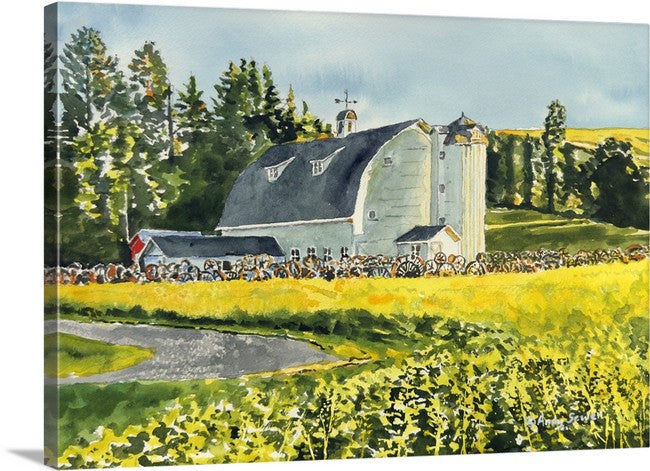 "Canola at the Barn" - 10"x14" Original watercolor, framed in 14x18