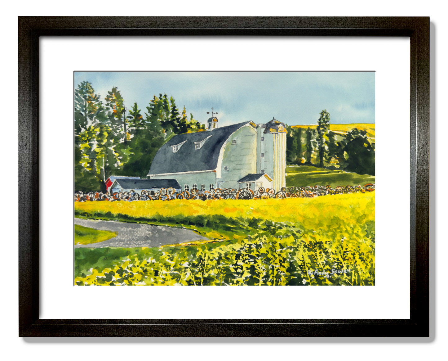 "Canola at the Barn" - 10"x14" Original watercolor, framed in 14x18