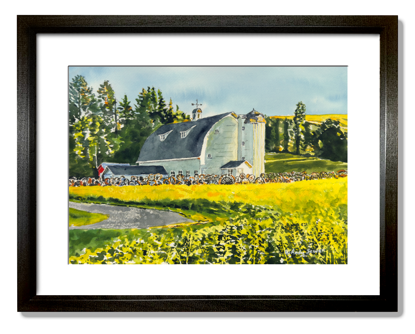 "Canola at the Barn" - 10"x14" Original watercolor, framed in 14x18
