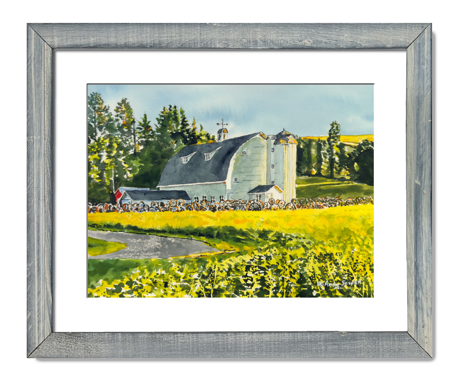 "Canola at the Barn" - 10"x14" Original watercolor, framed in 14x18