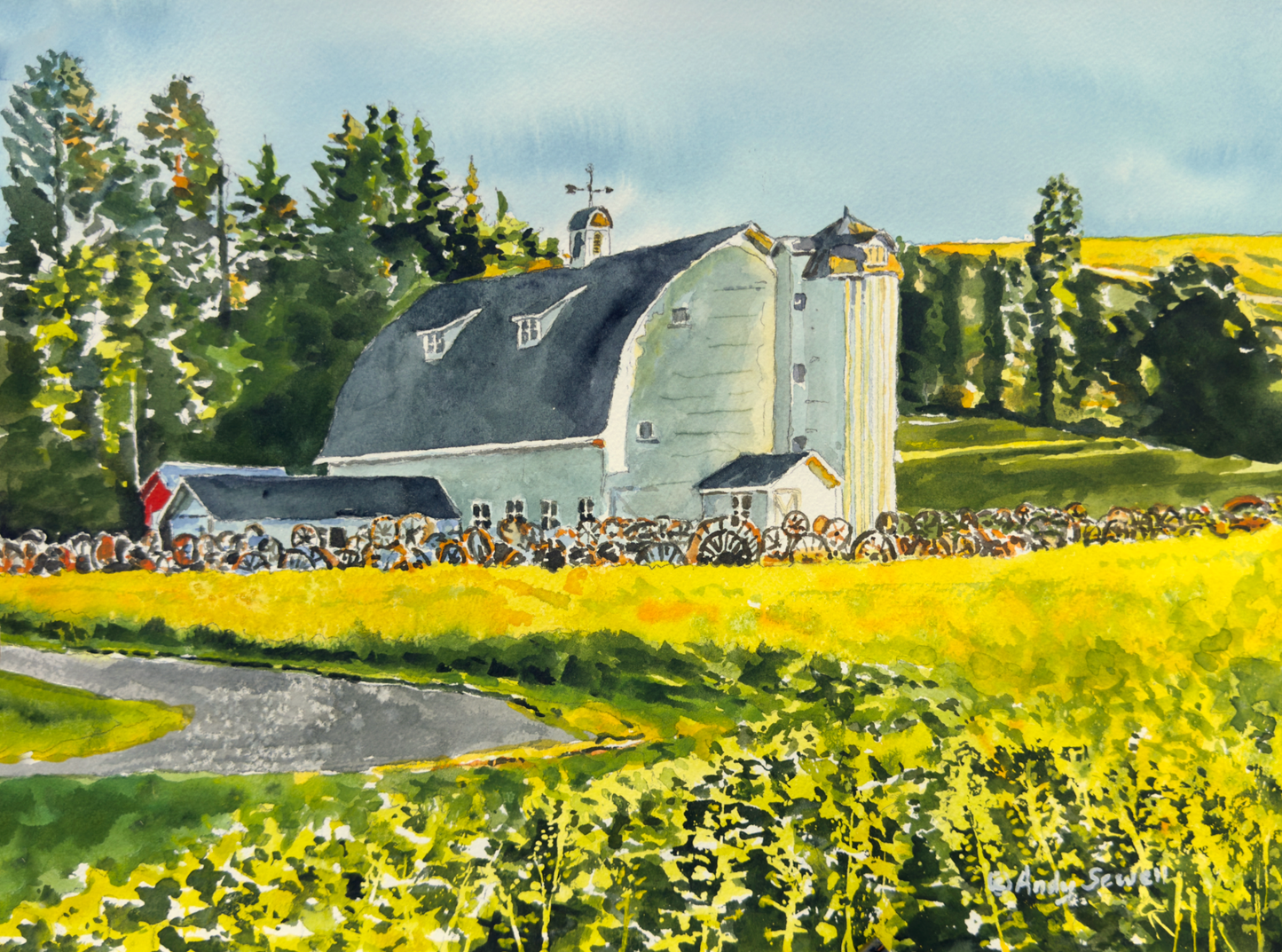 "Canola at the Barn" - 10"x14" Original watercolor, framed in 14x18