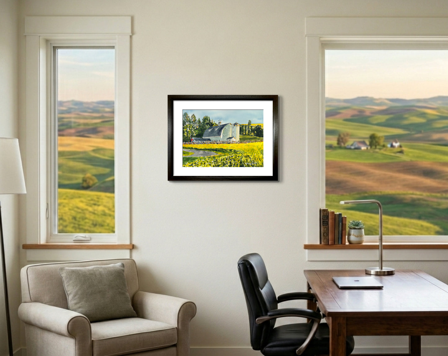 "Canola at the Barn" - 10"x14" Original watercolor, framed in 14x18