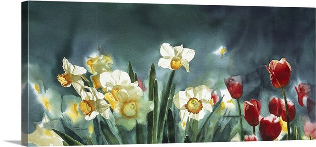 "Daffodil Days" - 19"x 42" A signed edition Giclee art print from an Original watercolor of Daffodils & Tulips