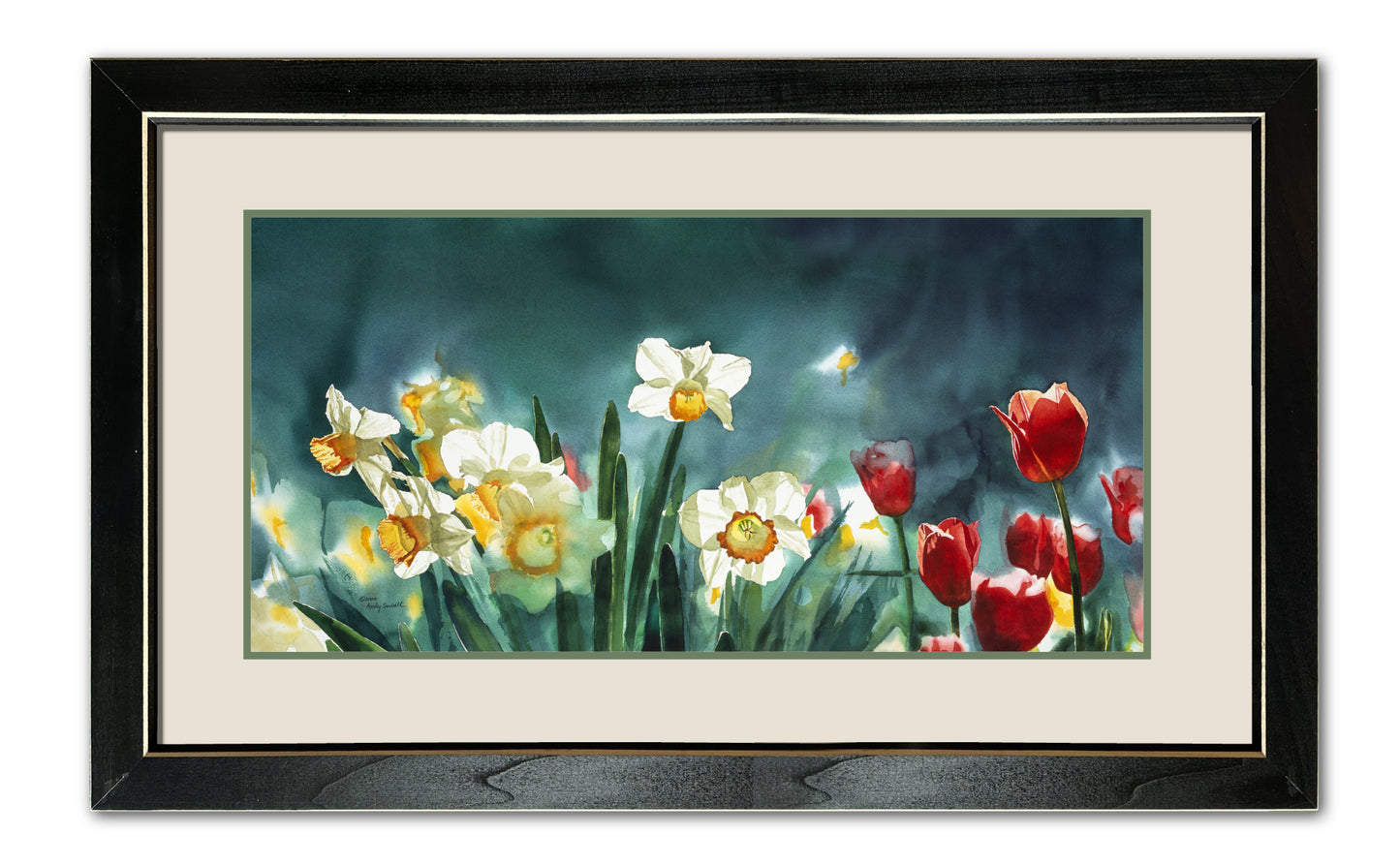 "Daffodil Days" - 19"x 42" A signed edition Giclee art print from an Original watercolor of Daffodils & Tulips