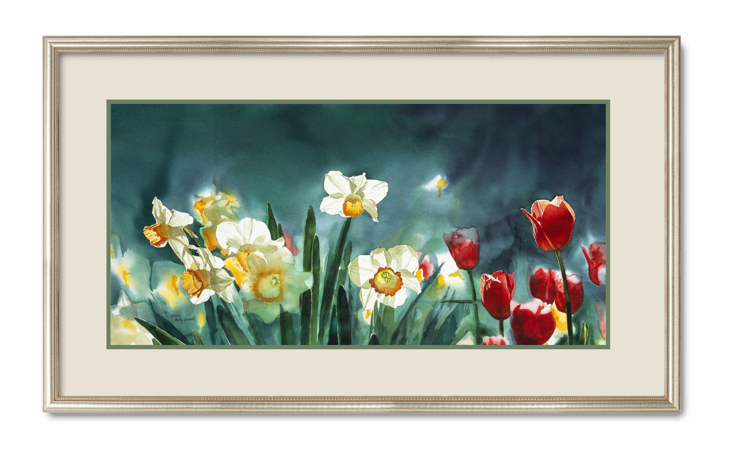 "Daffodil Days" - 19"x 42" A signed edition Giclee art print from an Original watercolor of Daffodils & Tulips