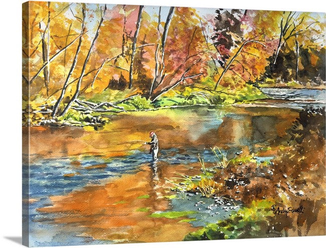 "Fishing October Colors" 12x16  Giclée reprod. from watercolor