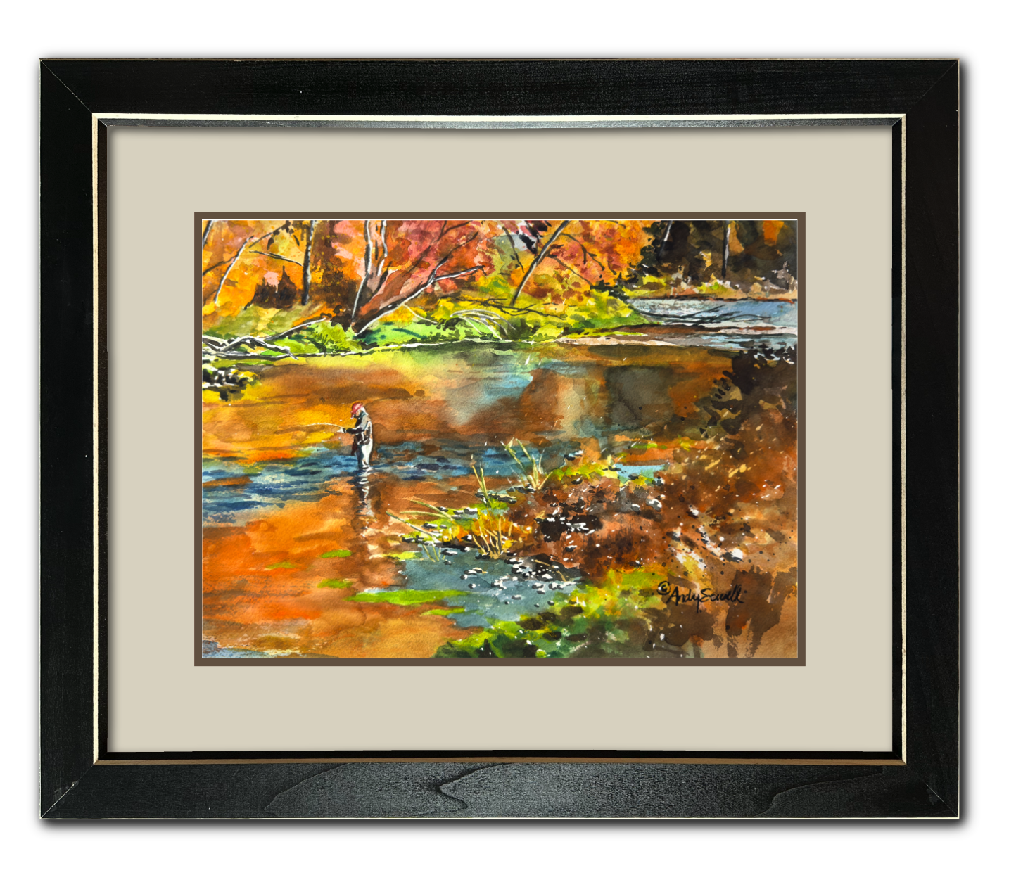 "Fishing October Colors" 12x16  Giclée reprod. from watercolor