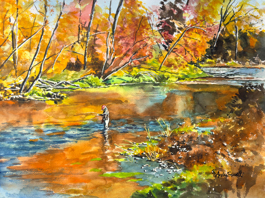 "Fishing October Colors" 12x16  Giclée reprod. from watercolor