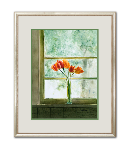 "Kitchen Window" a signed edition Giclee print from a watercolor painting of tulips in my Window.