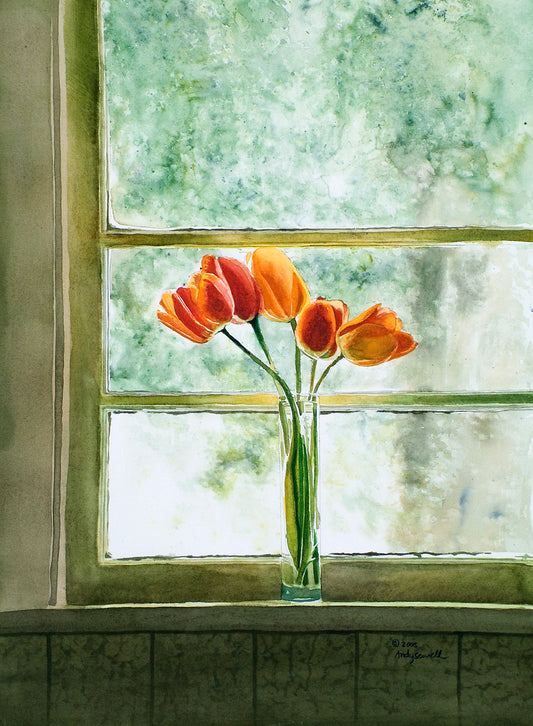 "Kitchen Window" a signed edition Giclee print from a watercolor painting of tulips in my Window.