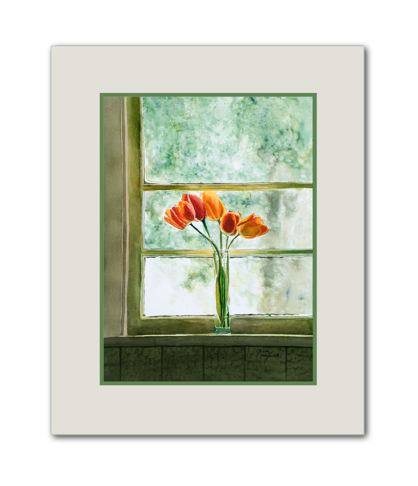 "Kitchen Window" a signed edition Giclee print from a watercolor painting of tulips in my Window.