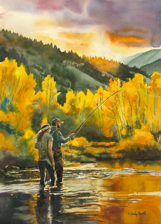 "Learning His Waters" - an Original 18x24 Watercolor or Open Edition Print of a Fly-fishing together.